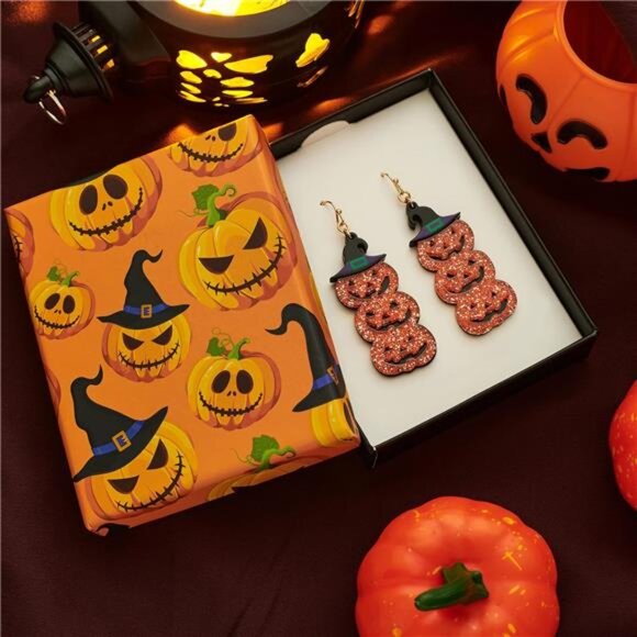 WOWORAMA Triple Pumpkin Dangle Earrings | Glitter Jack-O’-Lantern & Witch Hat - Picture 5 of 6